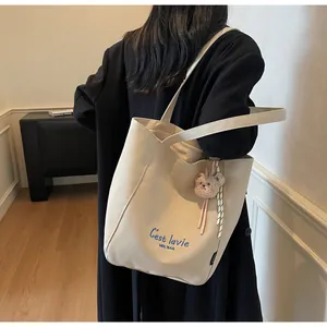 Détail du cabas en toile beige avec broderie bleue et charmant pendentif ours en peluche