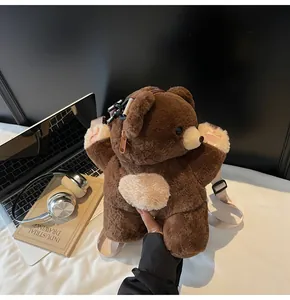 Detailed macro view of cute plush bear backpack with adjustable strap and zip closure
