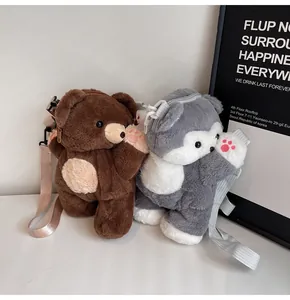 Detail of plush bear and husky backpacks with adjustable straps and zipper closure