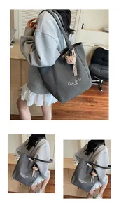 Détail du cabas en toile gris foncé avec imprimé C'est lavie et breloque ourson