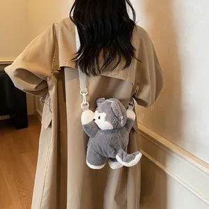 Cute husky plush backpack with grey and white faux fur on khaki trench coat back