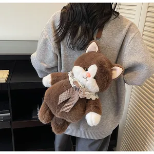 Detailed view of plush cat crossbody bag with lace collar and striped bow details