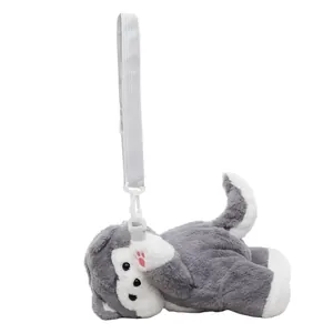 Cute husky plush backpack for girls featuring soft grey and white faux fur and a top handle