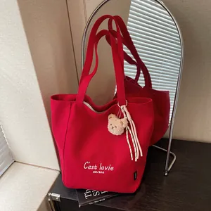 Sac Fourre-tout en Toile pour Femmes Imprimé Lettres Grande Capacité Sac à Bandoulière Décontracté Style Preppy