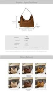 Detailed size guide and measurements for the PU suede crossbody tote bag in multiple colors