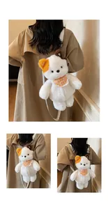 Detail view of a white plush bear backpack with a plaid bib and soft faux fur texture