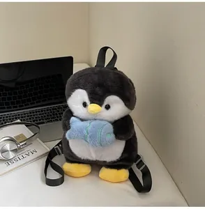 Close-up of cute plush penguin backpack with soft faux fur texture and adjustable straps
