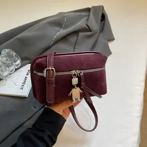 Fashion Women Suede Texture Crossbody Bag Urban Minimalist Box Shape Small Square Purse With Robot Charm Zipper Closure