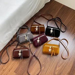 Modern suede crossbody square bags in six colors with stylish metal robot charms
