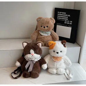 Detailed close-up of cute plush animal backpacks with lace lace and plaid bow decorations