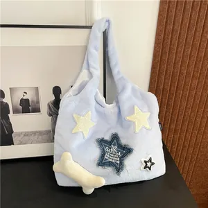 Women Plush Tote Bag Large Capacity Faux Fur Shoulder Bag with Star Pattern Bone Charm Casual Fall Winter Handbag