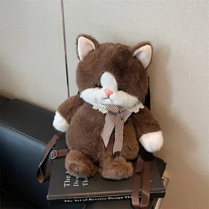 Cute Plush Animal Shape Backpack For Women Girls Soft Faux Fur Bear Cat Cartoon Shoulder Bag With Plaid Bib Lace Decor