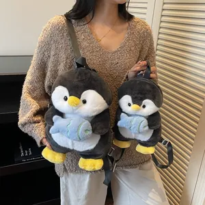 Cute cartoon penguin plush backpack set with soft gray fur and blue fish doll accessory