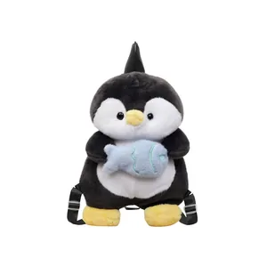 Cute penguin plush backpack with blue fish accessory and adjustable straps for girls