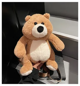 Detailed view of soft brown plush bear backpack with adjustable glossy nylon straps