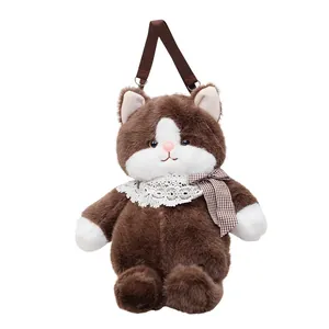 Cute plush cat shoulder bag in brown and white faux fur with lace collar and bow