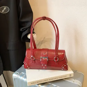Retro Women PU Leather Underarm Bag With Silver Buckle And Rivet Decor Fashion Glossy Wrinkled Shoulder Bag Daily Commuting Handbag