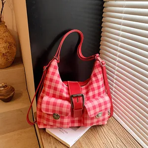 Women's Checkered Backpack Nylon PU Leather Large Capacity Shoulder Bag Multi Pocket Vintage Commuter Casual Travel Daypack
