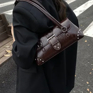 Retro dark brown patent leather underarm bag with silver buckles and punk rivets