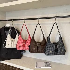 Classic checkered hobo shoulder bags in four colors with dual front pockets and metal locks