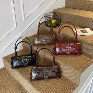 Retro crinkled faux leather underarm bags with silver buckles in four vintage colors
