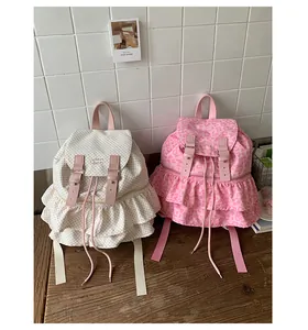 Detail view of large capacity school backpacks featuring ruffles and polka dot prints