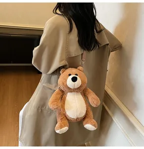 Plush brown bear backpack with adjustable straps worn by a model in a beige trench coat
