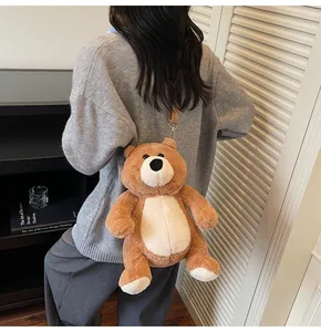 Detailed view of plush teddy bear crossbody bag with adjustable strap and soft fur texture