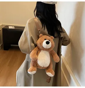Detail of a brown plush bear backpack with adjustable straps on a model back