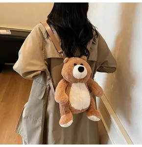 Cute teddy bear plush backpack with adjustable straps worn by a model in a cozy room