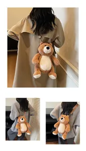 Detailed view of brown plush bear bag with adjustable strap and soft furry texture
