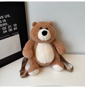 Detail of adjustable brown nylon shoulder straps on a plush teddy bear backpack