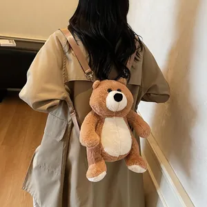 Cute brown plush teddy bear backpack with adjustable straps worn by a model in soft lighting