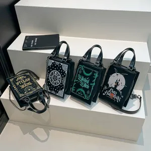 Unique book-shaped Halloween handbags with various witchy prints and chain straps