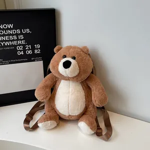 Cute brown plush teddy bear backpack with adjustable straps for kids and trendy styling