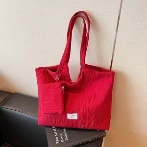 Sac Fourre-tout en Toile Décontracté pour Femme Grande Capacité Sac à Bandoulière Plissé avec Petite Pochette Ensemble de Sacs Urbains