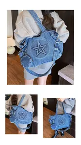 Blue washed denim tote bag with star embossing and a round coin purse pendant