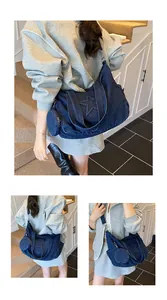 Detailed views of a dark blue denim tote bag with star stitching and a round coin pouch