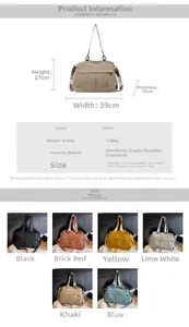 Size chart showing large canvas tote bag dimensions 39x27x15cm with multiple color options