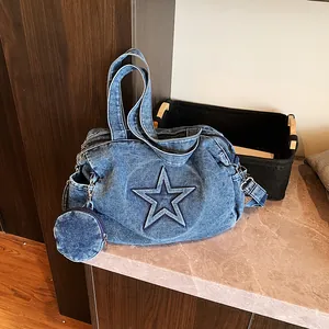 Women Washed Denim Tote Bag Fashion Star Embossed Large Capacity Handbag Casual Shoulder Crossbody Bag With Round Pouch