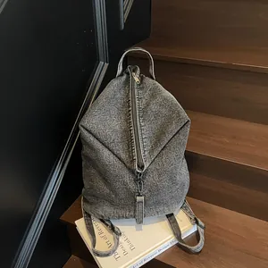 Sac à Dos en Denim Délavé pour Femmes Rétro Grande Capacité Fermeture Éclair Verticale Sac Cabas Multi-Way Décontracté École Voyage