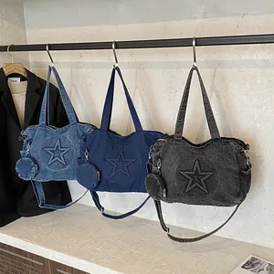 Fashionable denim tote bag with star embossing, adjustable strap and coin purse