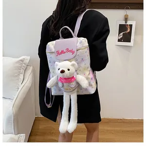 Detail view of the white bear plush backpack with floral patterns and pink embroidery