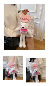 Detail of the cute bear plush doll and Hello Baby embroidery on the stylish pink backpack