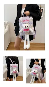 Close-up of a purple cartoon backpack featuring a plush white bear and Hello Baby embroidery