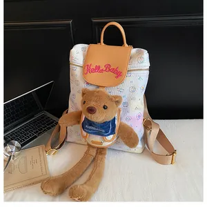 Detail of cartoon bear backpack with Hello Baby embroidery and doodle pattern