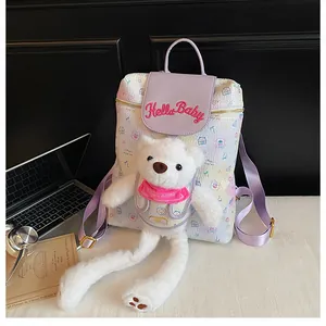 Detail of cartoon bear backpack with floral prints and Hello Baby embroidery