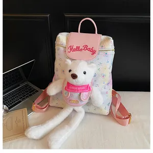 Detail of cute bear plushie attached to a pink and white cartoon school backpack