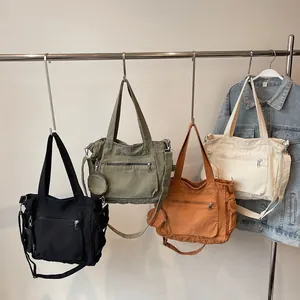 Minimalist large canvas tote bag set with detachable coin pouch in four trendy colors