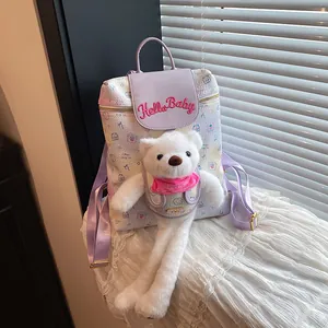 Cute Cartoon Bear Plush Doll Backpack For Girls PU Leather Hello Baby Embroidery Large Capacity Student School Bag Fashion Daypack